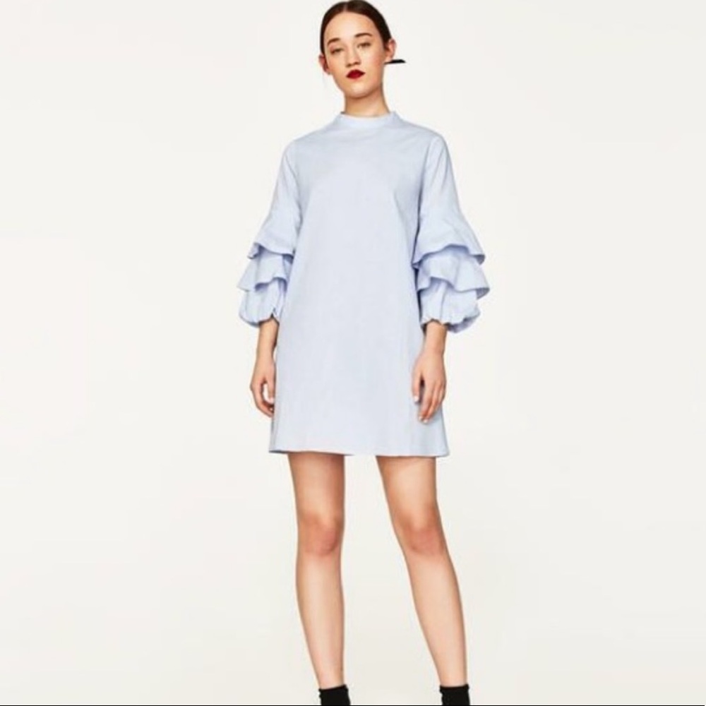 Zara ruffle sleeve high neck dress chambray